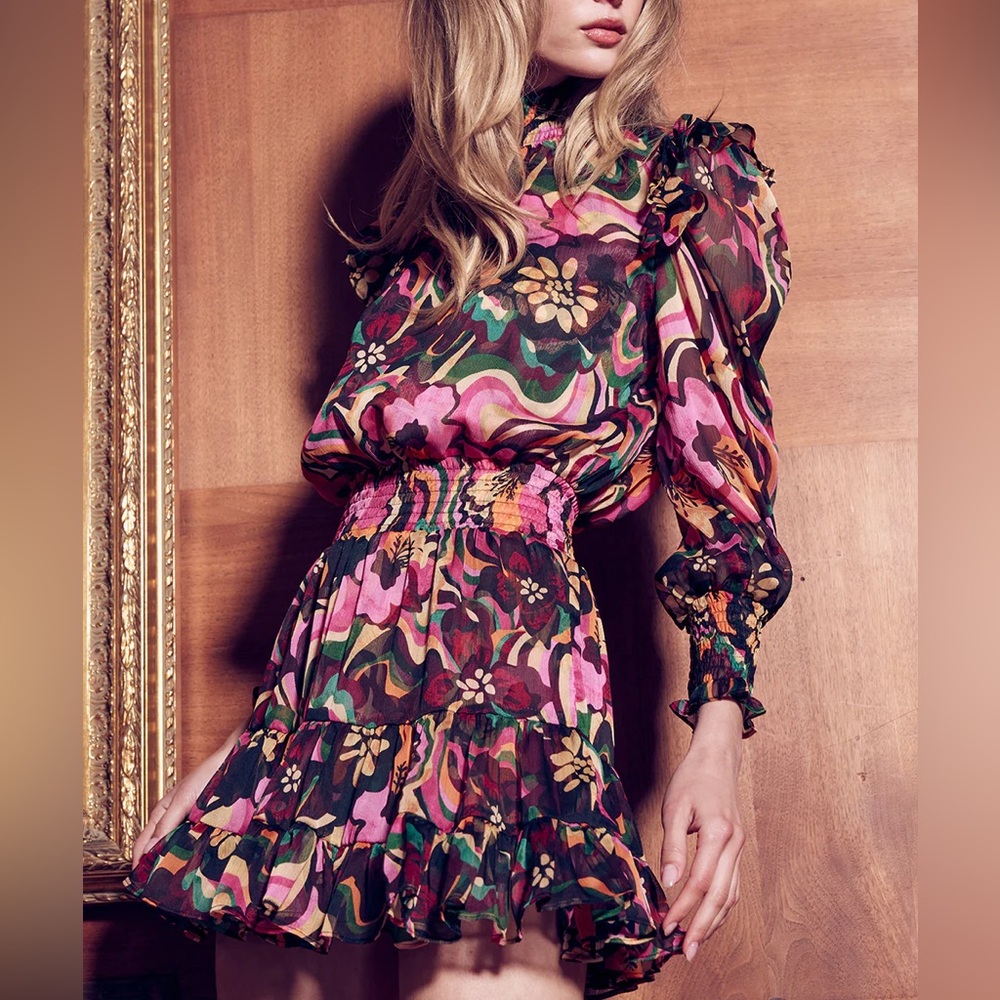 MISA Los Angeles Smocked Floral Long Sleeve Mini Dress | Size XS | NWT